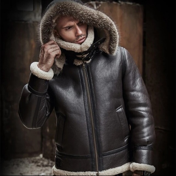 NWOT Brown Sheepskin Leather Shearling & Raccoon Fur B3 Bomber Jacket - Picture 4 of 15